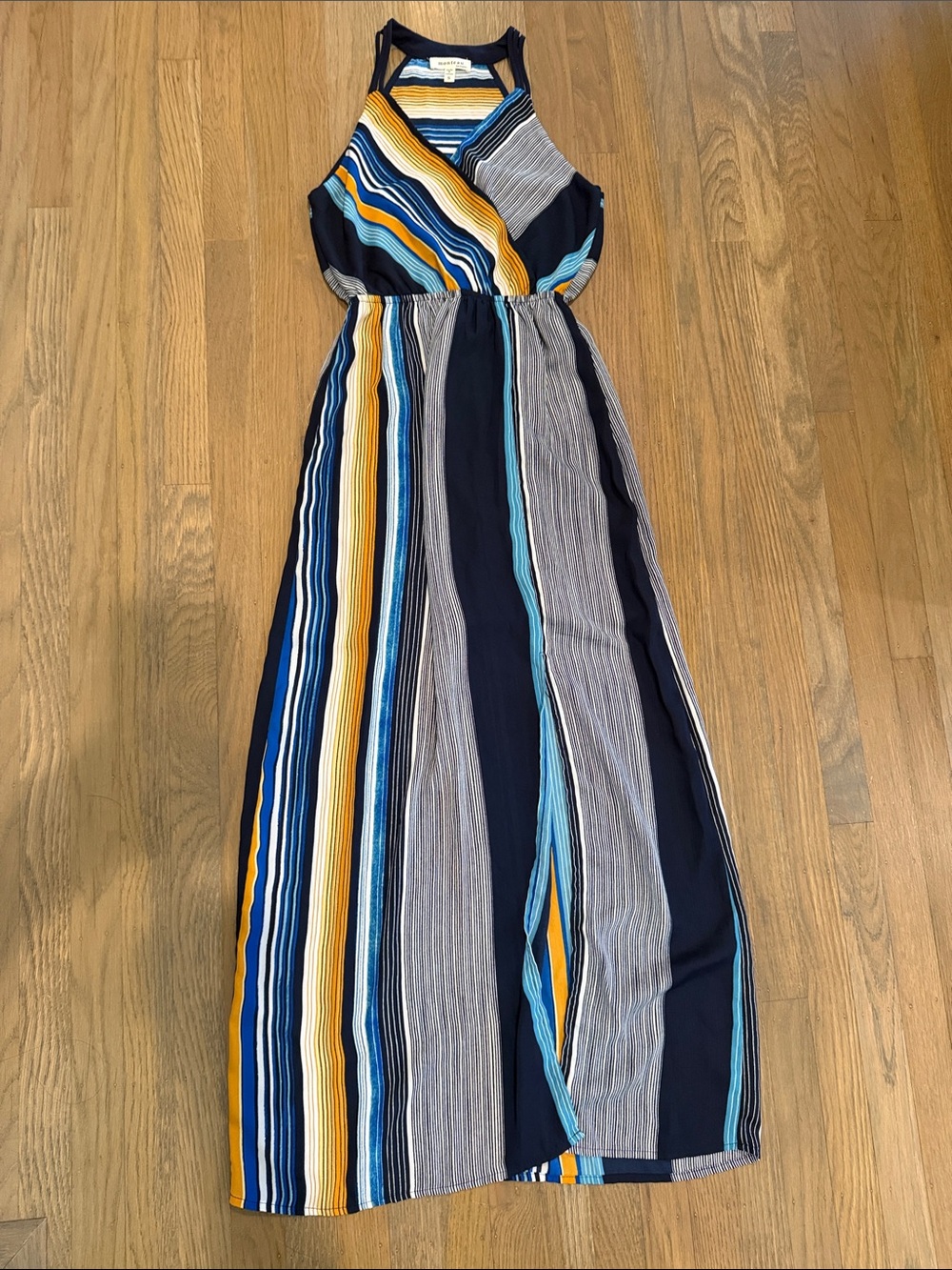 Monteau_Multi-Stripe Halter One-Piece Dress - Navy, Yellow & Blue with a slit